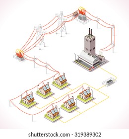 Electric Energy Distribution Chain Infographic Concept. Isometric 3d Electricity Grid Elements Power Grid Powerhouse Providing Electricity Supply To The City Buildings And Houses