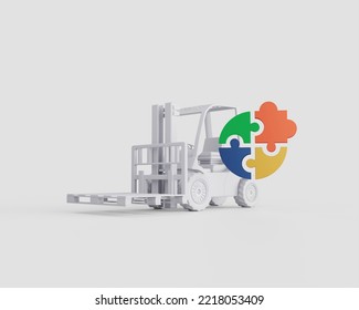 An Electric Forklift Is A Convenient Tool For The Formation Of Groupage Cargo When Working In A Warehouse. Puzzles Icon And Loader. 3d Rendering.