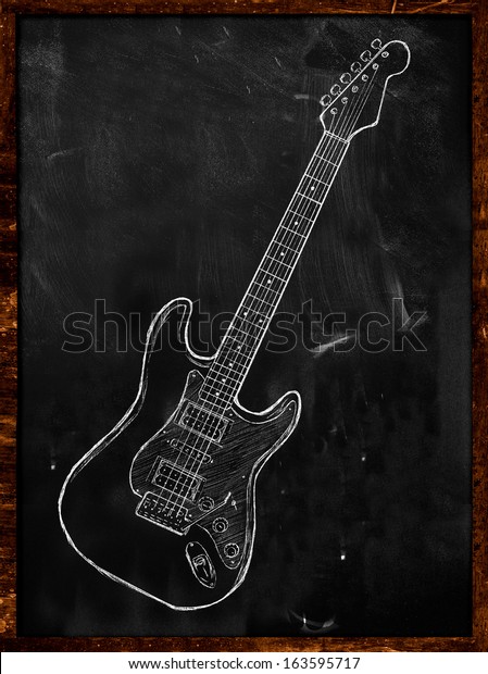 黒板音楽の壁紙にエレキギターが描かれている のイラスト素材