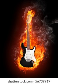 Electric guitar in fire flames isolated on black background. 