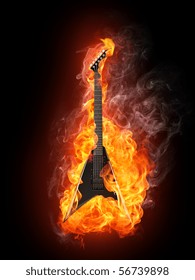 Electric Guitar in fire Isolated on Black Background. Computer Graphics.