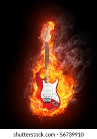 Electric Guitar in fire Isolated on Black Background. Computer Graphics.