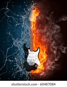 Electric guitar in fire and water. Illustration of the electric guitar enveloped in elements on black background. High resolution electric guitar image for a guitar concert poster.