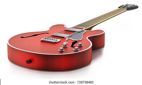 Electric guitar with flaming red wooden finish. 3D illustration.