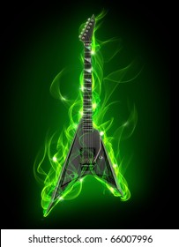 Electric guitar in green fire and flame