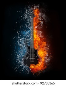 Electric Guitar on Fire and Water Isolated on Black Background. Computer Graphics.