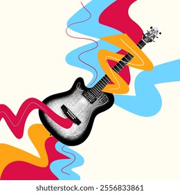 Electric guitar radiating bold, colorful waves, bringing energy of rock music. Vibrant music scene. Creative art collage. Concept of music, festival, creativity, abstract artwork - Powered by Shutterstock