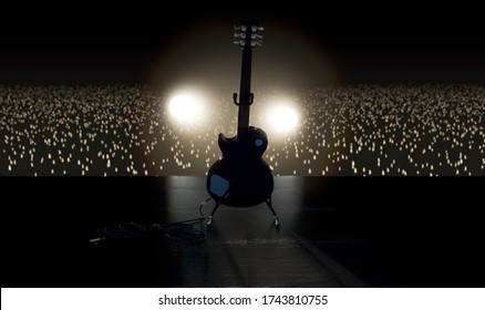 An Electric Guitar Resting On A Stand On A Music Concert Stage Lit By A Single Dramatic Spotlight Facing An Audience Of Illuminated Lighter Flames - 3D Render