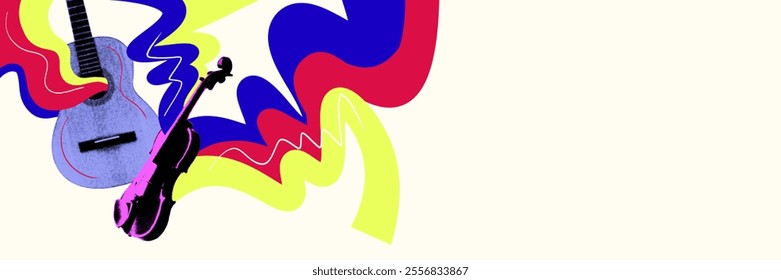 Electric guitar and violin merge against light background with abstract colorful elements. Creative art collage. Concept of music, festival, creativity, abstract artwork. Banner. Copy space for ad - Powered by Shutterstock