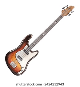 Electric guitar. Watercolor hand drawn illustration of four string bass. Clipart on a white background for the design of a music blog, website, music lessons. Rock, blues, jazz, pop  - Powered by Shutterstock