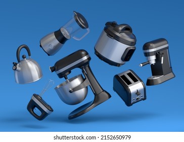 Electric kitchen appliances and utensils for making breakfast on blue background. 3d render of kitchenware for cooking, baking, blending and whipping