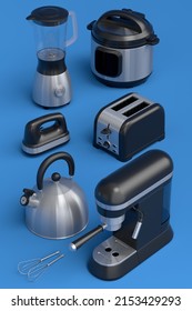 Electric Kitchen Appliances And Utensils For Making Breakfast On Blue Background. 3d Render Of Kitchenware For Cooking, Baking, Blending And Whipping