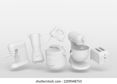 Electric Kitchen Appliances And Utensils For Making Breakfast On Monochrome Background. 3d Render Of Kitchenware For Cooking, Baking, Blending And Whipping