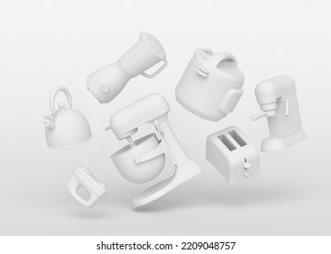 Electric Kitchen Appliances And Utensils For Making Breakfast On Monochrome Background. 3d Render Of Kitchenware For Cooking, Baking, Blending And Whipping