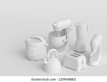 Electric Kitchen Appliances And Utensils For Making Breakfast On Monochrome Background. 3d Render Of Kitchenware For Cooking, Baking, Blending And Whipping