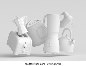 Electric Kitchen Appliances And Utensils For Making Breakfast On Monochrome Background. 3d Render Of Kitchenware For Cooking, Baking, Blending And Whipping