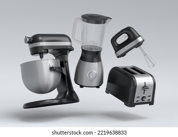 Electric Kitchen Appliances And Utensils For Making Breakfast On White Background. 3d Render Of Kitchenware For Cooking, Baking, Blending And Whipping