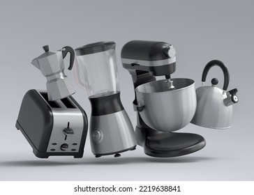 Electric Kitchen Appliances And Utensils For Making Breakfast On White Background. 3d Render Of Kitchenware For Cooking, Baking, Blending And Whipping