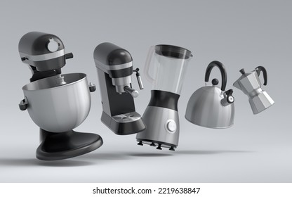 Electric Kitchen Appliances And Utensils For Making Breakfast On White Background. 3d Render Of Kitchenware For Cooking, Baking, Blending And Whipping