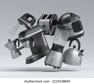 Electric Kitchen Appliances And Utensils For Making Breakfast On White Background. 3d Render Of Kitchenware For Cooking, Baking, Blending And Whipping