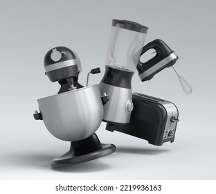 Electric Kitchen Appliances And Utensils For Making Breakfast On White Background. 3d Render Of Kitchenware For Cooking, Baking, Blending And Whipping