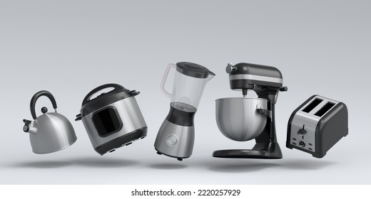 Electric Kitchen Appliances And Utensils For Making Breakfast On White Background. 3d Render Of Kitchenware For Cooking, Baking, Blending And Whipping