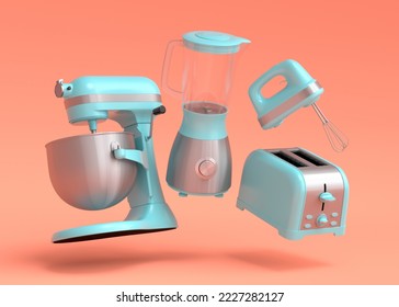 Electric kitchen appliances and utensils for making breakfast on coral background. 3d render of kitchenware for cooking, baking, blending and whipping - Powered by Shutterstock