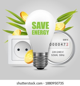 Electric lamp, energy meter, socket and dollar coins, realistic illustration. Save energy concept for poster, banner, flyer, etc.