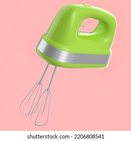 Electric Mixer Kitchen Appliance For Mixing And Blending Isolated On Pink Background. 3d Render Of Home Kitchen Tools And Accessories For Cooking, Blending And Mixing