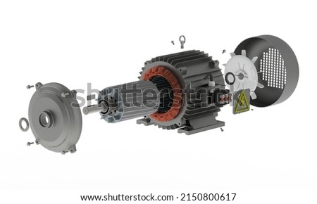 Electric motor, exploded view 3D rendering isolated on white background