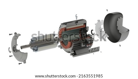 Electric motor, exploded view 3D rendering isolated on white background