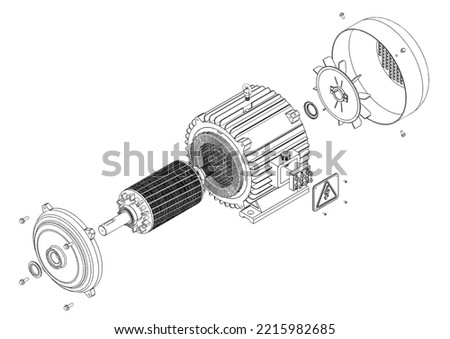 Electric motor, exploded view 3D rendering in black and white isolated on white background