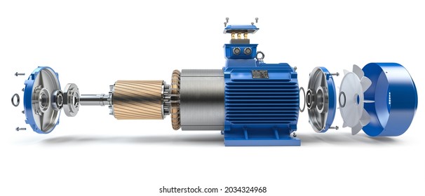 Electric motor parts and structure isolated on white background. 3d illustration