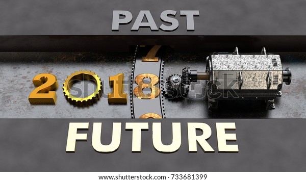 The electric motor and reducer with numbers,\
date 2018 with a gold cog is zero A time machine that can move\
years into the future. On the metal The idea of a holiday New year\
and Christmas\
3Drendering