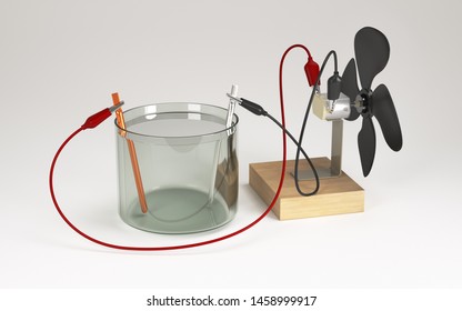 Electric Motor Running With Electrical Energy From Electrolysis Of Water. Educational Chemistry. 3D Render.