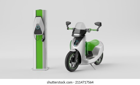 An Electric Motorbike With Charging Station, 3d Render