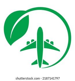 Electric Plane Icon. Airplane In Green Circle With A Leaf. Aircraft Powered By Electricity. Green Aviation Concept Illustration.