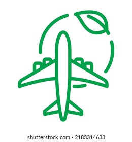 Electric Plane Line Icon. Airplane In Green Circle With A Leaf. Aircraft Powered By Electricity. Green Aviation Concept Illustration.