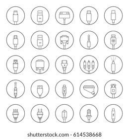 Electric plug, connectors and jack flat line icons set. Collection Connection technology, connector electric power, mobile devices connect, wire and socket. Raster version.