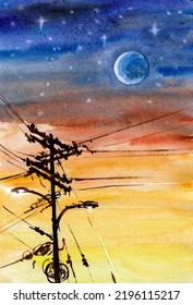 An Electric Pole With A Lot Of Power Line Wires And Lanterns Against The Night Starry Sky And The Moon. Hand Drawn Watercolors On Paper Textures. Raster Bitmap Image