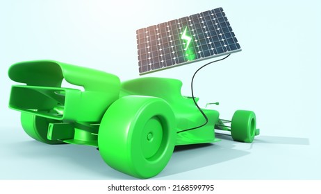 Electric Race Car And Solar Panel. Green Minimal Style Motor Sport Automotive. Sun Powered, Sustainable Energy.  Rear Side Perspective View. 3D Render. Separated Background. Clipping Path Included!