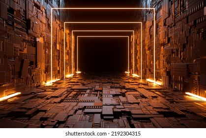 Electric Sci Fi Orange Neon Light Glowing Tunnel Spaceship Alien Corridor Hallway Passage Illustration Background 3d Rendering