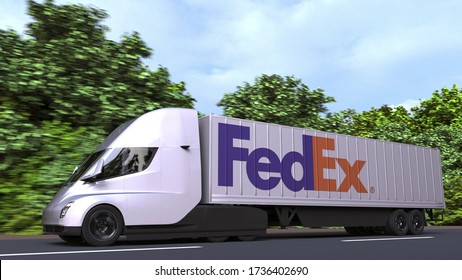 Electric Semi-trailer Truck With FEDEX Logo On The Side. Editorial 3D Rendering