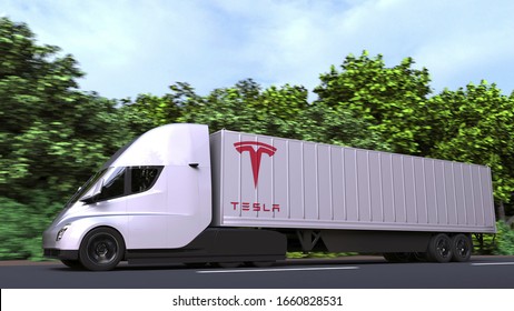Electric semi-trailer truck with TESLA logo on the side. Editorial 3D rendering