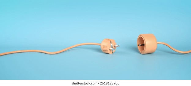 Electric socket with a plug. Connection and disconnection concept. 404 error connection, page not found. The electric plug and outlet socket are unplugged. Wire, cable of energy disconnect. 3d render