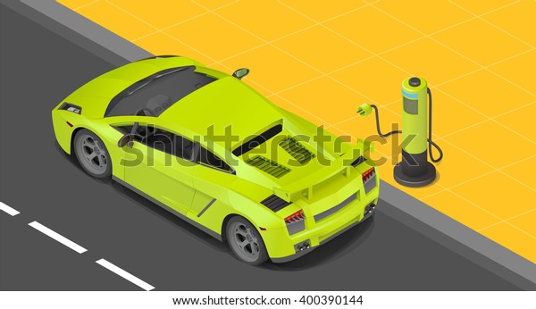 Electric sport coupe car charging station. power supply\
for Charging of an electric car. Recharging an electric car\
isometric view.\
