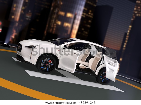 Electric SUV parking on the helipad. The doors\
opened and front seats rotated to backward. Concept for autonomous\
vehicle. 3D rendering\
image.