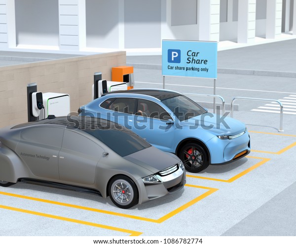 Electric SUV and\
self-driving sedan in car share parking lot. Car sharing concept.\
3D rendering\
image.