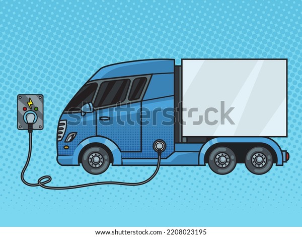 electric truck\
charging from power outlet socket pinup pop art retro raster\
illustration. Comic book style\
imitation.