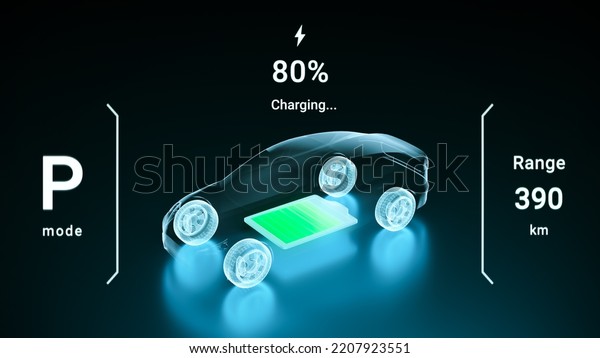 Electric\
Vehicle charging battery using superfast charger, smart information\
EV power station status display, futuristic design hybrid car power\
level indicator UI interface 3d\
rendering